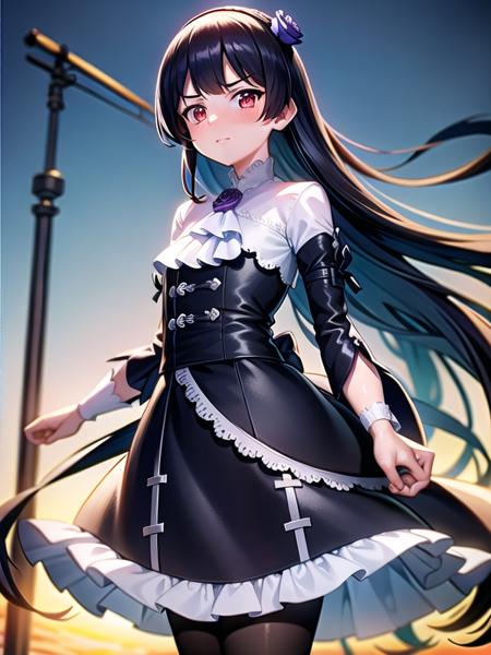 (hyper extreme detailed),(masterpeace),(hyper extreme),(photorealistic),CG,(colour:1.2), beautiful lighting,light from the front,official art, 1girl, sunny day,outdoor for park,looking at viewer,view straight on, <lora:kuroneko:1>,kuroneko,black hair, long hair, straight hair,red eyes, black dress , black pantyhose, pumps,flower hair band,standing,