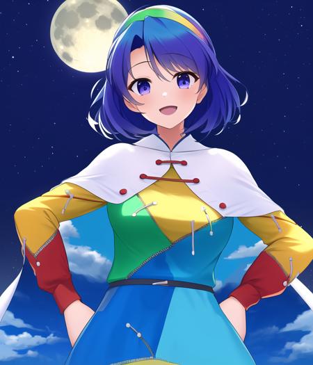 (best quality:1.5), masterpiece, (1girl), Perfect_hands, detailed_face, (arm + hand + 1_thumb), highres, high_resolution, eyeliner, (Five_fingers_each), Perfect_hands, extremely_detailed_hands, rainbow hair band, rainbow-colored shattered-pattern clothes, zipper lines on clothes, white cloak with sky painting, sky painting on cloak, tenkyuu chimata, big moon at the background, night sky, smiling, hands on the waist
<lora:Tenkyuu_Chimata:0.8>