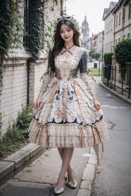 best quality, quality, masterpiece, photorealistic, 1girl, full body, looking at viewer, smile, long hair, black hair, lo dress, layered dress, frilled dress, criss-cross halter, hair ornament, pantyhose, high heels, detailed background, garden, flower, <lora:lo_dress_style4_v1:0.7>