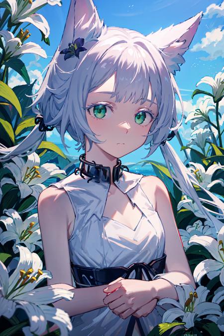 rosmontisB, 1girl, , low_twintail, animal ears, long hair, flower, dress, green eyes, white dress, chain, animal ear fluff, white hair, lily (flower), bare shoulders, wolf ears, bangs, sleeveless,  black anklet,
looking at viewer, closed mouth, Expressionless, upper body,
<lora:rosmontis:1>