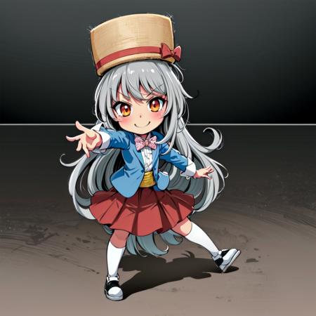 masterpiece, best quality, (1girl, solo),
umami, 1girl, long hair, hat, solo, smile, bow, grey hair, skirt, looking at viewer, parody, brown eyes, chibi, >:), bowtie
<lora:Umami-0011:0.65>
perfect anatomy, dynamic pose, full body, 
outdoors,((( blush)))