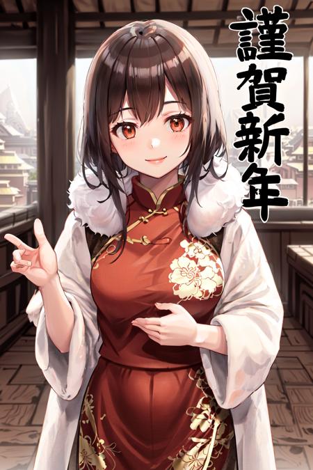 masterpiece, best quality, highres, 1girl happy new year <lora:happy_new_year_kanji:1> china dress, fur trim, smile, east asian architecture