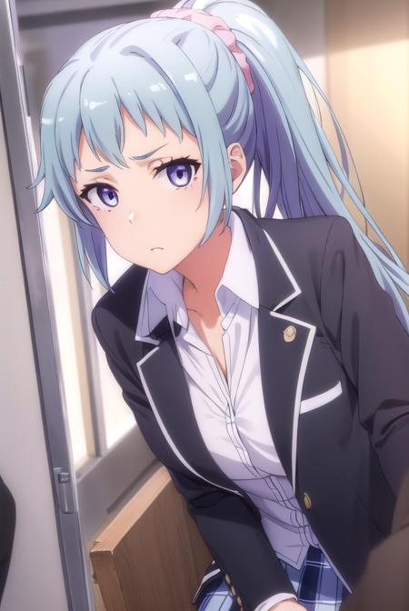 sakikawasaki, <lora:saki kawasaki s2s3-lora-nochekaiser:1>,
saki kawasaki, long hair, hair ornament, blue hair, (purple eyes:1.1), ponytail, mole, mole under eye, scrunchie, hair scrunchie, pink scrunchie,
BREAK skirt, ribbon, school uniform, jacket, black jacket, plaid, plaid skirt, blazer, sobu high school uniform,
BREAK indoors, classroom,
BREAK looking at viewer, (cowboy shot:1.5),
BREAK <lyco:GoodHands-beta2:1>, (masterpiece:1.2), best quality, high resolution, unity 8k wallpaper, (illustration:0.8), (beautiful detailed eyes:1.6), extremely detailed face, perfect lighting, extremely detailed CG, (perfect hands, perfect anatomy),