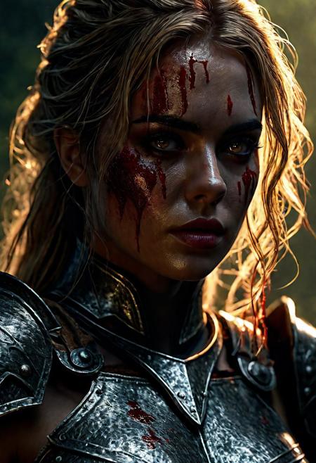 Ultra detailed digital art masterpiece Warrior girl dressed in a iron Armor, Standing on a battlefield at the head of an army of knights, where a bloody slaughter is taking place, standing in battle pose, a dark epic fantasy, perfect lighting, beautiful Kiernan Shipka as Warrior girl, attractive woman, elegant, sinewy athletic body, unreal engine 5 nanite quality, mixed with dark elements, dark environment, very stormy day, clean dark velour witch clothing, LOTR style, dark washed out eyeliner, no make up, natural bloody face, realistic brown eyes, ultra detailed atmospheric details, beautiful glowing effects, sparkle effects, realistic body proportions, beautiful face proportions, complex masterpiece, wavy blonde hair, creative glowing detailed tattoos, complex physics, enhanced colors, complimentary colors, ultra detailed raytracing reflections, Ultra detailed complex background, environment feels alive, direct eye contact, dramatic lighting, wet and sweaty skin, beautiful firm Breasts, Daylight, Concept art portrait by Greg Rutkowski, adding to the intense and dynamic atmosphere of the scene.
