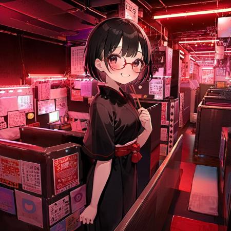 best quality, ultra-detailed, illustration,
pinsalo, scenery, red theme, sign, neon lights, indoors, 
1girl, japanese girl,  cute, (shy smile), glasses, black dress, short hair, black hair, looking at viewer, 
<lora:pinsalo_SDXL_V1:1>