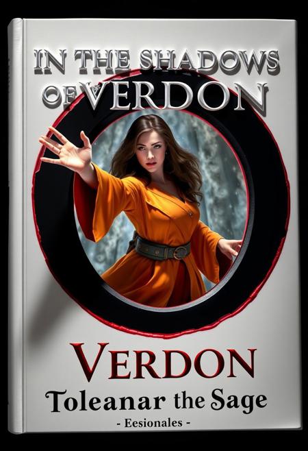 Create a book cover called ("In the Shadows of Verdon"), the letters of the title are 3D embossed white letters jutting out of the cover on a white background but you can read the dark shadow they cast on the page, the cover is white, in the middle of the book there is a beautiful Summoner brunette woman in fantasy wizard orange clothing being pulled into a black portal with a red edge, the portal is the "O" in "Verdon", there is extreme foreshortening as she extends her arm towards the viewer while her body is pulled inside the black portal with the red outline.  The book cover has vivid colors with a color silver and white and red color pallette very well rendered and extremely detailed, at the bottom are the name of the author ("Toldanar the Sage") written in english with a fancy French font surrounded by magical runes