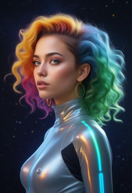 pscho_4rt,mythp0rt, A vibrant digital illustration shoot from a profile camera angle about a stylized portrait of a woman with colorful, swirling hair, set against a dark, starry background. the image also shows a cosmic theme and vibrant colors. on the middle of the image, a young woman who appears to be in her early twenties, with light skin and curly, multicolored hair, is facing the viewer with her eyes looking to the side. she has a serene expression and is wearing a futuristic, metallic outfit with earrings. her hair is wavy and colorful, with streaks of light emanating from it, creating a sense of energy and vibrancy. the woman's eyes are large and expressive, with a mix of blue and green hues. her body is slim, and she is wearing the outfit with a high collar.  1girl, solo, long hair, looking at viewer, closed mouth, jewelry, yellow eyes, earrings, green hair, colored skin, profile, glowing, science fiction, portrait, glowing eyes  camera_angle: profile, art_style: digital illustration, location: space, background: dark with stars, text: NA, distance_to_camera: upper body, clothing: futuristic outfit, image_composition: middle, pants: NA;NA, accessory: earrings;earrings, shoes: none, action: facing viewer;facing viewer, eye_direction: looking to side, facial_expression: serene;colorful, gender: 1woman, hair_color: green and blue;color: rainbow;blue, hair style: curly;curly, race: light skin;light skin, body: slim