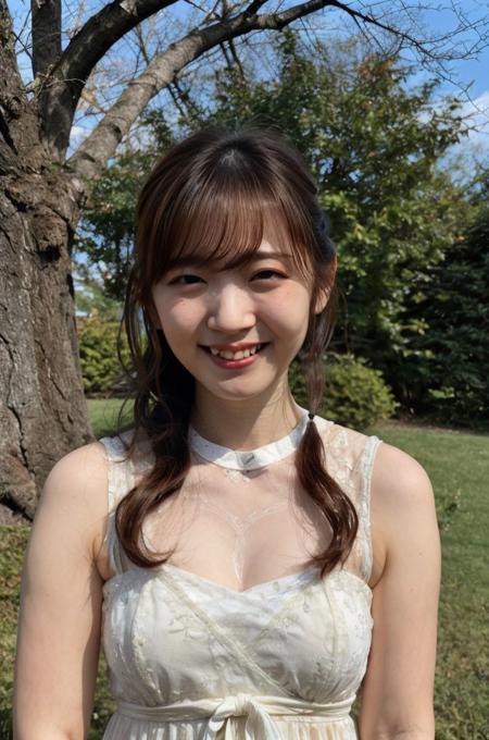 a beautiful picture of airiSuzuki ,mole, detailed skin texture,masterpiece, photorealistic, RAW color photo,(fully in frame:1.1), (goosebumps:0.5),brown hair,tied hair,  detailed face,outdoors,park,wearing a dress,uppper body,looking at viewer, smile,  <lora:airiSuzuki (5):1>