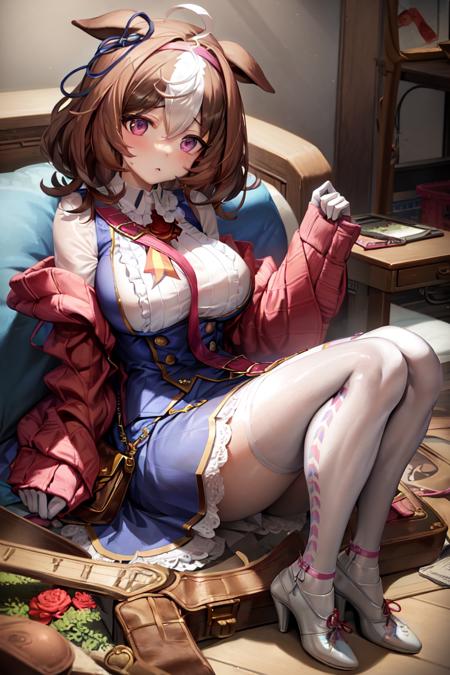 masterpiece, best quality,
meisho doto \(umamusume\),
white shirt, collared shirt, white gloves, shoulder bag, strap between breasts, blue skirt, long sleeves, white thighhighs, high heels, handbag, white footwear, center frills, sleeves past wrists, @_@,
<lora:meisho_doto_lora:0.7>