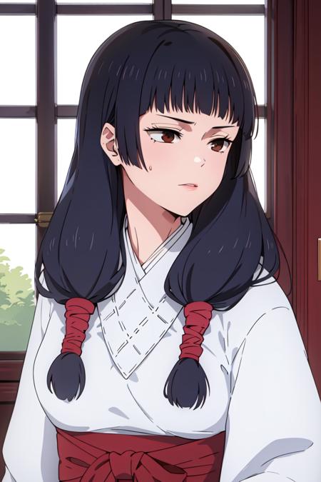 masterpiece, ((ultra detailed background, delicate pattern, intricate detail)), (highly detailed, fine details), best quality, beautiful lighting, ((medium breasts, slim girl)), Utahime, 1girl, solo, black hair, long hair, brown eyes, japanese clothes, twintails, miko, blunt bangs, red hakama, complex detailed background, inside, castle room environment, medieval castle, gray walls, window, bookshelf, (close-up, portrait), <lora:Utahime:0.75>