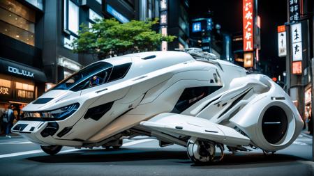 white and white science fiction hovering military hoverbike parked in shinjuku, science fiction, cinematic lighting, night time, volumetric light, imax, dslr, highly detailed, volumetric fog, dystopian vibes, dutch angle, cinematic angle