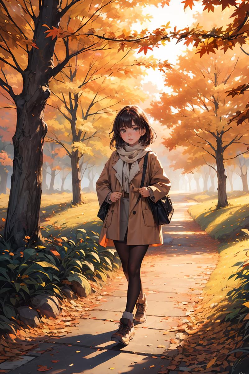 A young woman with a scarf and a brown coat walking down a path with trees and leaves.