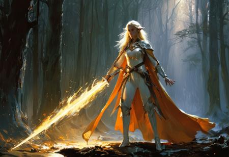 1girl, elf, fantasy, solo, long hair, blonde hair, cape, battle, sword, glowing sword, fire, intense, dramatic lighting, high contrast, night, magic, powerful, warrior, elegant, regal, intricate design, pointy ears, enchanted, heroic, dynamic pose, action, spider enemy, forest, flames, smoke, fierce, determined, flowing cape, golden accents, spellcasting, radiant, full body,John Berkey Style page