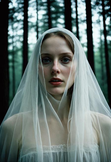 a ghostly woman in a white veil, pale skin, translucent, dark, mysterious, eerie, ghostly, 35mm photo, grainy, vignette, Kodachrome, Lomography, dramatic lighting, cinematic, 4k professional photo, dark forest looms, very dark background, eyes shone bright in the night, nightmare in the park, high resolution