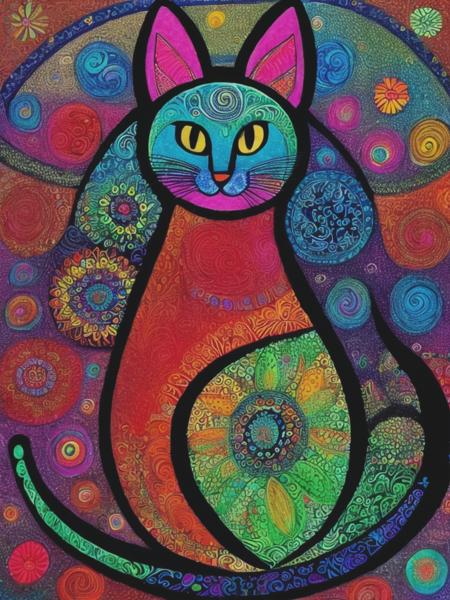 <lyco:LaurelBurch:1.0> Colorful cat, awe, mystery, magic, wonder, whimsy, zentangle, grungy background, style of Laurel Burch