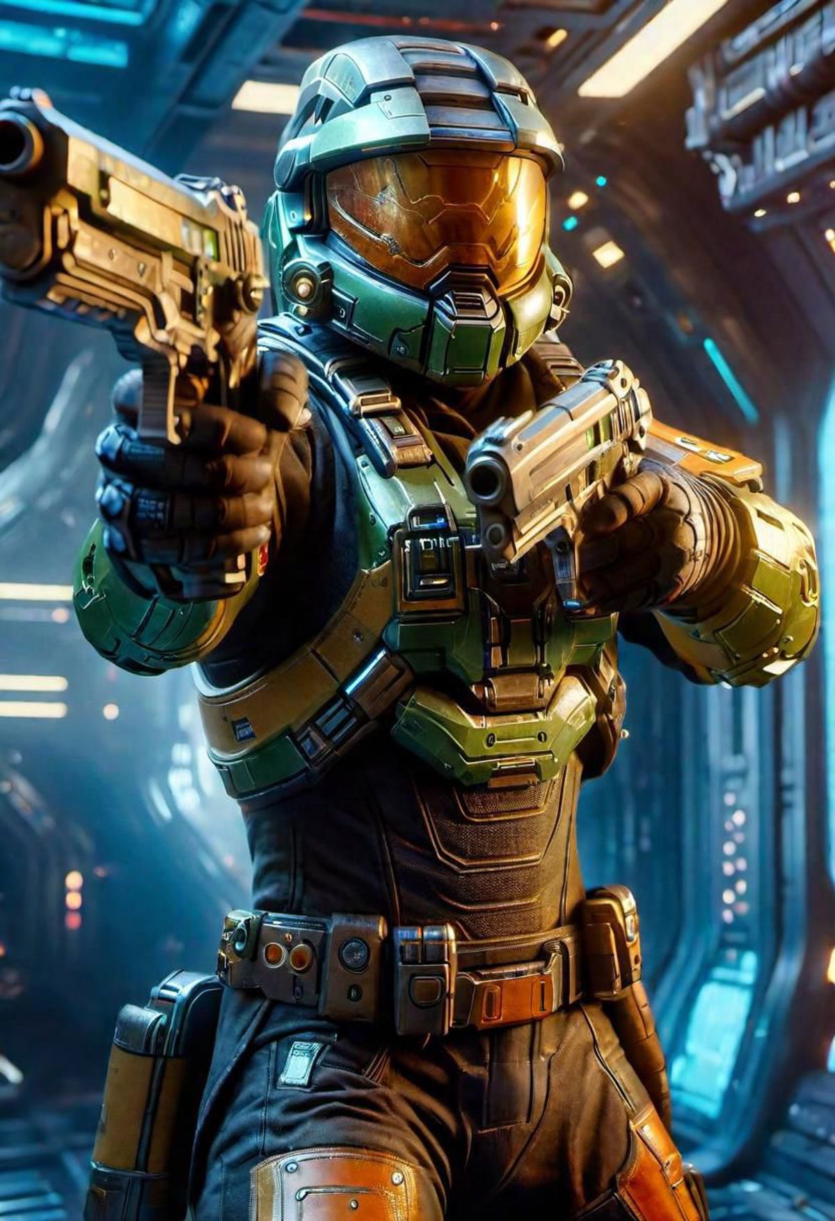 A man in a green and black power suit holding two guns.