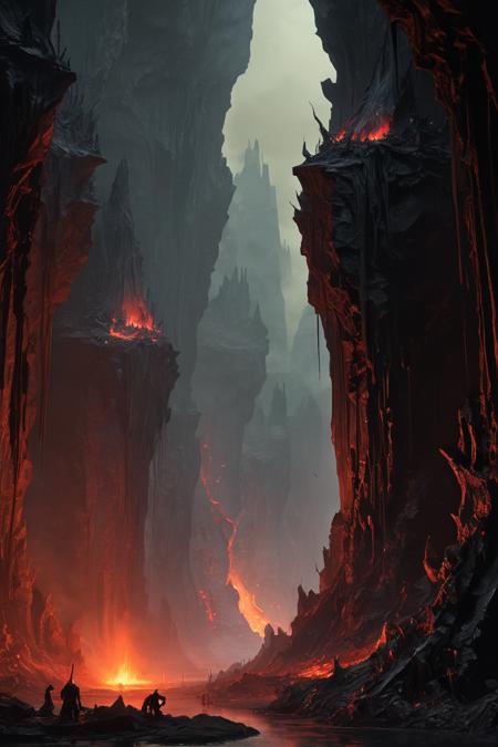 A nightmarish landscape of eternal torment, vast caverns of smoldering rock stretch endlessly. Rivers of molten lava wind through jagged obsidian cliffs, casting an eerie red glow. Tortured souls writhe in agony, their ethereal forms twisted and contorted. Demonic creatures with leathery wings and razor-sharp claws patrol the skies. Columns of black smoke rise from burning pits, obscuring a ceiling of stalactites dripping with liquid fire. In the distance, a colossal throne of fused bones looms ominously, occupied by a shadowy figure emanating malevolence. The air is thick with ash and the acrid stench of brimstone. Chains of searing metal crisscross the cavern, binding the damned to their eternal punishment. Hyper-detailed, dark fantasy art style, influenced by Hieronymus Bosch and Wayne Barlowe.