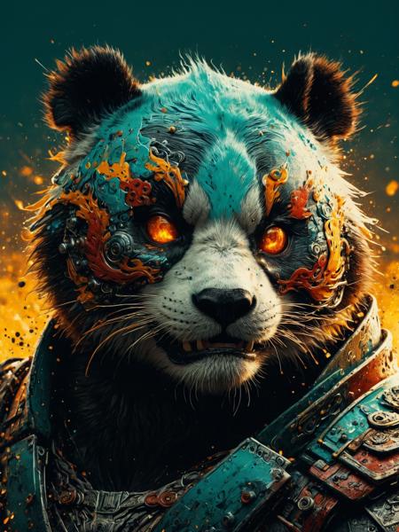 cinematic film still anime artwork  score_9, score_8_up, score_7_up, cinematic photo, dramatic lighting, dynamic pose,  red flaming eyes, rage, Japanese warrior panda mask epic armor, yellow_sun, teal background, <lora:Neon_Splash_Art_for_Pony:1> <lora:JuggerCineXL2:0.7> Cinematic <lora:EnvySwirlPaintingXL01:0.3> <lora:add-detail-xl:0.5> . anime style, key visual, vibrant, studio anime,  highly detailed . shallow depth of field, vignette, highly detailed, high budget, bokeh, cinemascope, moody, epic, gorgeous, film grain, grainy