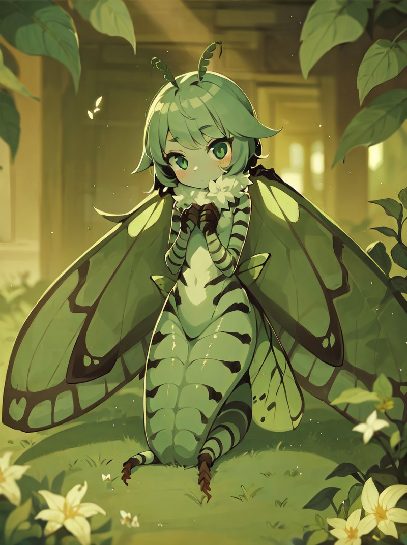 1girl, moth girl, Greenworm \(monster girl encyclopedia\), full body, Original Character, Volumetric Lighting, Best Shadow...