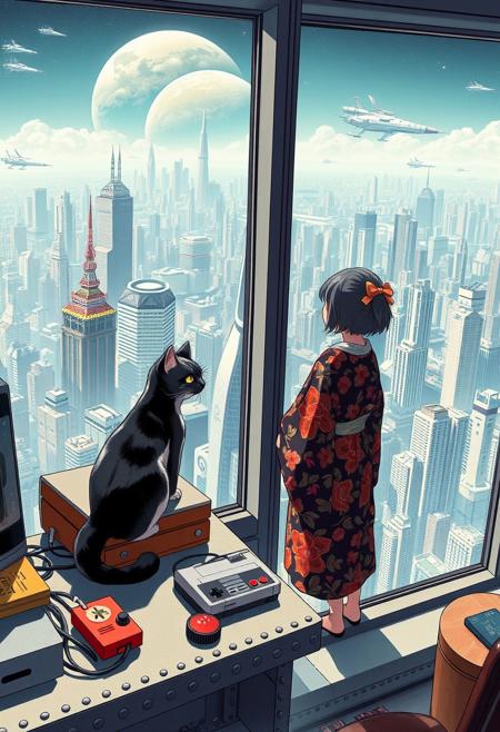 Jiji the cat from Kiki's Delivery Service sits on a cluttered metal riveted desk next to a maneki neko statue and a small Nintendo NES, Jiji is looking out of a floor to ceiling window that looks out at a very high view from an apartment on the 300th floor of a futuristic Tokyo skyscraper, the year is 2250, The city has thousands of enormous skyscrapers and space ships in the sky, (((Kiki from Kiki's Delivery Service, 20 years old, is standing next to the cat looking out at planet below))), Kiki is dressed in an ornate Japanese style bath robe.  The woman's hair is messy from just waking up and tied up with a ribbon. Artistic cyberpunk, dynamic perspective, The focus is on Jiji and Kiki standing together looking out the window at the view together,