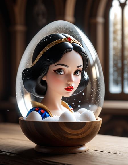 Close-up digital illustration,miniature, minimized, ( 1girl,Snow White (Snow White), SnowWhiteXLP inside transparent egg:1.3), Central composition, Delicate closed beak, (Transparent eggshell with microbubbles:1.2), Fine veins across surface, Crystal-clear organic effect, Resting on wooden table, Subtle wood texture, (Blurred necromancer castle background:1.2), Dark stone walls, Faint glowing runes, Shadows cast across ancient tomes, Soft light from the left, Golden halo surrounding chick, Ethereal softness, Warm lighting, Accentuated natural tones, Velvety and radiant visual, Masterpiece, best quality, hi res, 8k, (sharp focus, intricate details)..Masterpiece,best quality,hi res,8k,hi res,8k,award winning,(sharp focus, intricate, highly detailed),
