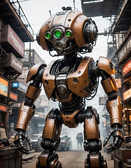 nomad trading post, traveling merchants, bartering, diverse goods (combustion, worm's eye view:1.2), Cybernetic robot , android, AI, machine, metal, wires, tech, futuristic, highly detailed, (masterpiece, intricate details:1.2)