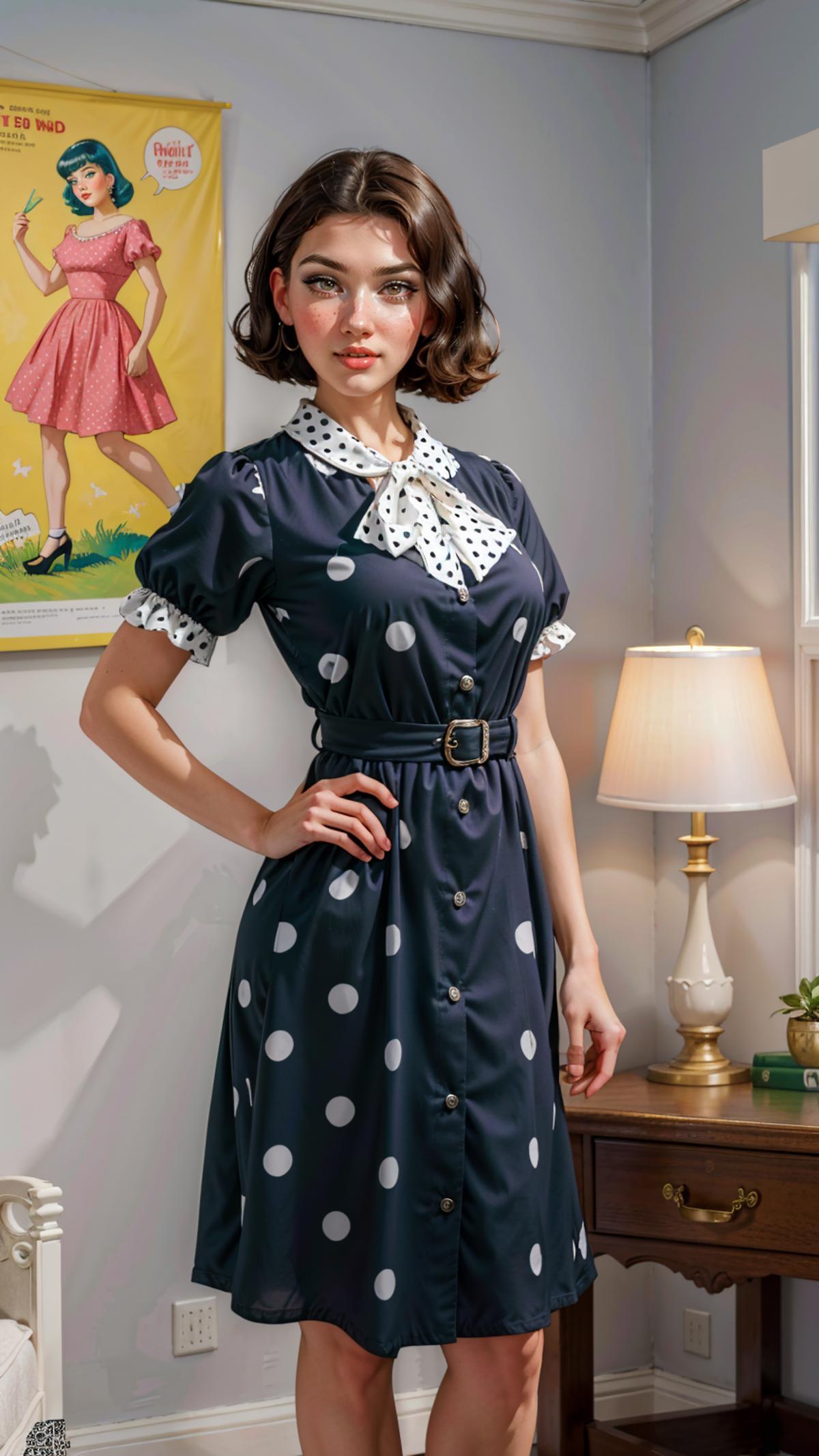 A woman posing in a polka dot dress and a bow tie.