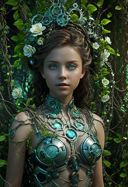 Hyperrealistic, cinematic high quality photo, photorealistic portrait, masterpiece, hybrid girl of floral and mechanical) elements, bioluminescent trees, glowing plants, lush foliage, intricate gears, surreal landscape, flowers intertwined with polished metal vines, High detail, 64k photography,close-up textures