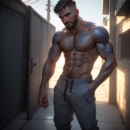 photo of lean bearded man standing in a worn blue tanktop and grey joggers, bulge, light bokeh, intricate, steel metal, rust, full body, elegant, erotic, exuding sexual energy, homoerotic, sharp focus, photo by greg rutkowski, soft lighting, vibrant colours, masterpiece, streets, detailed face, 4K, HDR, award winning photography, 