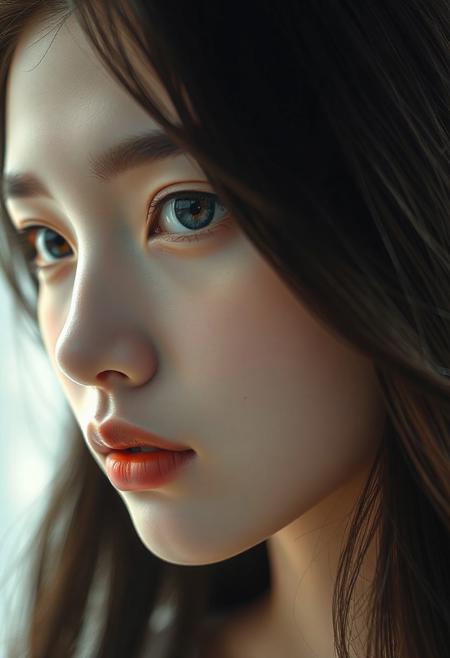 DSLR-style, slender, elegant 26-year-old Korean model, extremely pale skin with natural texture, soft shadow on cheek, diffused daylight from side, parted lips, masterpiece, ultra high-res  
<lora:NOOB_vp1_detailer_by_volnovik_v1:1>
barely visible pores, subtle skin texture variation, translucent skin tone, full body. 
Imagine a digital painting with a soft, ethereal quality, focusing intently on the delicate features of a young individual with long, flowing dark hair. The lighting should be gentle and diffused, perhaps reminiscent of soft natural light filtering through a sheer curtain or the subtle glow of an overcast day. This light should caress the subject's face, highlighting the subtle contours of their cheekbones, the gentle curve of their jawline, and the smooth expanse of their forehead. Avoid harsh shadows; instead, aim for a luminous and even illumination that emphasizes the skin's natural texture and tone.
The subject's eyes are a central focal point. They should appear large and expressive, with dark irises that hold a hint of introspection or quiet contemplation. The gaze should be direct yet soft, engaging the viewer with a sense of vulnerability and sincerity. Pay close attention to the subtle details of the eyelashes – their delicate length and the way they frame the eyes. The eyebrows should be naturally shaped and softly defined, contributing to the overall harmony of the face.