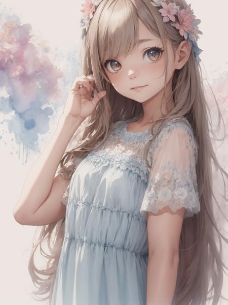 absurdres, highres, ultra detailed, (1girl:1.3), smily
BREAK
, watercolor style, soft blending, dreamy washes, delicate textures,