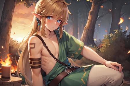 (masterpiece:1.3), best quality, ultra-detailed, <lora:tloz_link_totk-10:0.8>, wide shot, solo, male focus, 1boy, link \(totk\), expressionless, looking at viewer, sitting, tunic, pants, belt, single bare shoulder, sunset, sunlight, forest, campfire, tent, fireflies