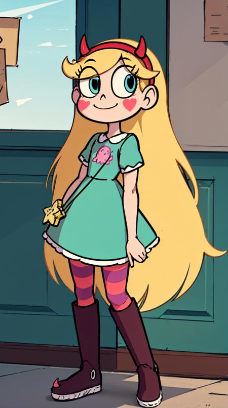  starbutterfly, 1girl, blonde hair, horned headwear, hairband, long hair, solo, heart, blue eyes, facial mark, very long hair,teal dress,striped pantyhose,boots, blush stickers