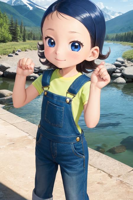 1girl, aksn_cs, blue eyes, short hair, blue hair, ahoge, bangs, forehead, blue overalls, green shirt, standing, looking at viewer, mountain, river <lora:aiko-senoo-casual:1>