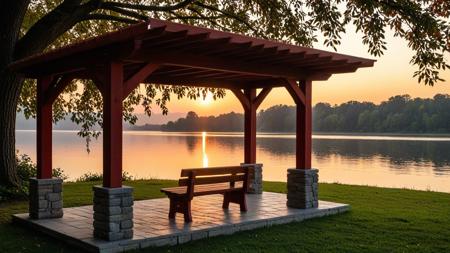 <lora:pytorch_lora_weights_361535:1>,a lakeside bench under a wooden pergola at (sunset:1.1), soft (crimson-orange glow:1.2) reflecting on the water, light mist rising from the lakeâs surface, trees rustling in the warm evening breeze.,, Masterpiece,best quality,realistic,HDR, 8K, masterpiece, best_quality, absurdres, ultra-detailed, highly_aesthetic, depth_of_field