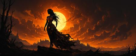Silhouette Art, breathtaking detailed, masterpiece, lovely, charming, awe-inspiring, radiant, magnificent. (all dark hues and fine vibrant orange glowing smoldering accent and shiny gold color scheme:1.02). glossy. <lora:EpicF4nta5yXL:0.35> . award-winning, professional, highly detailed . extremely high-resolution details, photographic, realism pushed to extreme, fine texture, incredibly lifelike, high contrast, well defined .