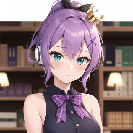 (masterpiece, best quality:1.2),illustration,8k,hd,1girl,solo,upper body,(portrait:1.2),breasts,purple_hair,hair_ornament,ponytail,hair_ribbon,bangs,crown,green_eyes,mini_crown,hair_between_eyes,blue_eyes,midriff,plaid,plaid_skirt,purple_skirt,bare_shoulders,bow,idol,navel,pleated_skirt,shirt,hair_bow,headset,sleeveless,star_hair_ornament,black_pantyhose,suspenders,<lora:Javelin-Idol>,