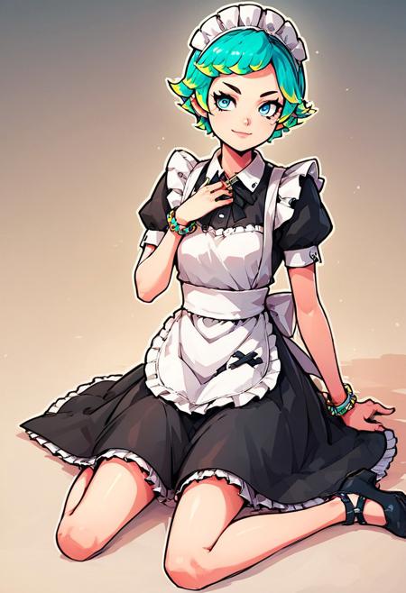 score_9, score_8_up, score_7_up, source_anime, zzCitronCAT, white outline, perfecteyes, masterpiece, very detailed, absurdres, cute
1girl, g1ng3r, maid outfit, innocent look, bracelet, jewelry, mole under the eye, multicolored hair, blue eyes, (cyan hair), yellow tips hair, short legs, short character, short hair, small hands, small breasts,  
sitting, over the shoulder, full body shot, view from the side