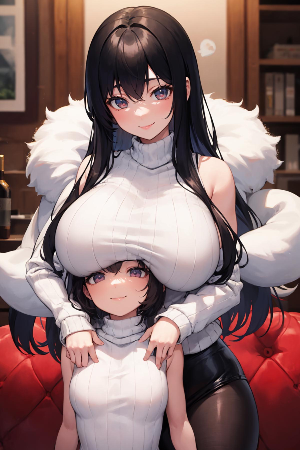A digital art image of a woman sitting on a red chair with a smaller woman on her lap, both wearing white tops. The smaller woman is smiling and has her head resting on the larger woman's chest.