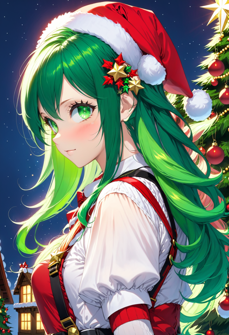 Christmas Theme,  1 girl,  solo,  green eyes,  santa hat,  holding lights,  happy,   two tone hair, red hair, green hair, long hair,  bangs,  hair_ornament,  puffy_sleeves,  shirt,  short_sleeves,  suspenders,  vfxfriday,  cottagepunk,  rtx, studio anime, profile, from the side, amazing detail, ultra sharp, norwegian christmas,  holidayxl style, <lora:HolidaysIdidalittlebiteXL:0.8>