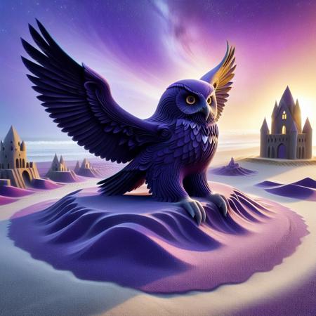 no human, (giant owl over a sand castle:1.5), Geometric Pattern Effect: Repeating shapes (tiles, panels) create structured complexity. Color Spectrum Display: Wide range of hues from cool to warm tones.  Reflective Surface Theme: Smooth, light-catching textures evoke motion and depth. Symmetry and Balance: Central alignment with mirrored visual weight. . lazypos, rp_slgd, a surreal owl composed of  obsidian swirling sand, wings made of floating swirling sand, perched on a crystalline branch under a kaleidoscope swirling sand sky, glowing purple sand,
, vibrant colors, whimsical design, surreal fantasy, high detail, 4k, strong bokeh