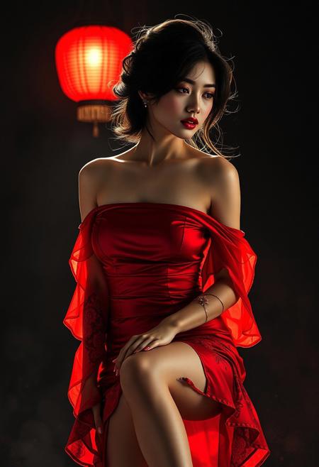 Beautiful oriental woman, short crimson red dress, disheveled hair, bare shoulders, subtly parted lips, high heels. Dramatic chiaroscuro lighting, 8K resolution, hyperrealistic detail, masterpiece. Art style: Dramatic poster ink art, double exposure.  Intriguing mood. [Best quality], [Highly detailed], [Masterpiece].