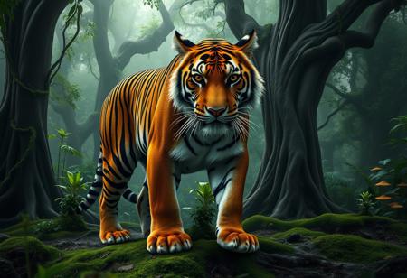 "Masterpiece, best quality, highres, ultra-detailed, cinematic lighting. A magnificent tiger stands in the heart of a dense, misty jungle, its piercing amber eyes locking onto the viewer with an intense and primal stare. Its muscular frame is covered in sleek, vibrant orange fur with deep black stripes, each pattern perfectly defined against the lush greenery. Its whiskers twitch slightly, and its massive paws press firmly against the damp earth, leaving imprints in the soft, moss-covered ground. The air is thick with humidity, and droplets of water cling to the tiger's coat, catching the faint glow of sunlight filtering through the dense canopy above. The jungle is alive with the distant sounds of chirping insects and rustling leaves, yet an eerie silence surrounds the tiger as if the entire forest acknowledges its dominance. Towering ancient trees with twisted roots form a natural labyrinth around the beast, their trunks covered in creeping vines and bioluminescent fungi that emit a soft, ethereal glow. In the background, a distant waterfall cascades down moss-covered rocks, the mist rising from below, creating a hazy, dreamlike atmosphere. The composition is perfectly balanced, with the tiger slightly off-center, drawing immediate focus to its razor-sharp gaze and the intricate details of its fur, each strand illuminated by the interplay of light and shadow. The air is thick with tension, as if the jungle itself is holding its breath, waiting to see what happens next."