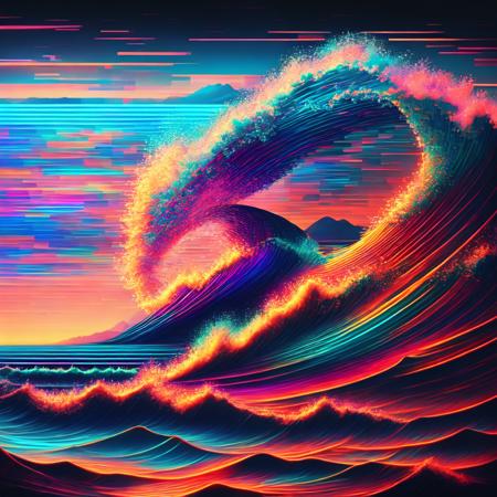 (glitchwave style:1) an image of a wave in the ocean at sunset <lora:djzGlitchWaveV21_LoraBooth:1>