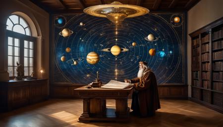 A Renaissance scholar in his study, looking at a holographic projection of the solar system, with sketches of flying machines and futuristic cities on parchment scattered around, medium: hyper-realistic photography, style: influenced by the grandeur and detail found in paintings by Leonardo da Vinci, lighting: soft, ambient light from candles and the ethereal glow from the holographic projection, colors: rich earth tones, golds, and celestial blues, composition: shot with a Sony Alpha 1, FE 24-70mm f/2.8 GM lens, Resolution 50.1 megapixels, ISO sensitivity: 32,000, Shutter speed: 1/8000 second --ar 16:9 --v 5.1 --style raw --q 2 --s 750