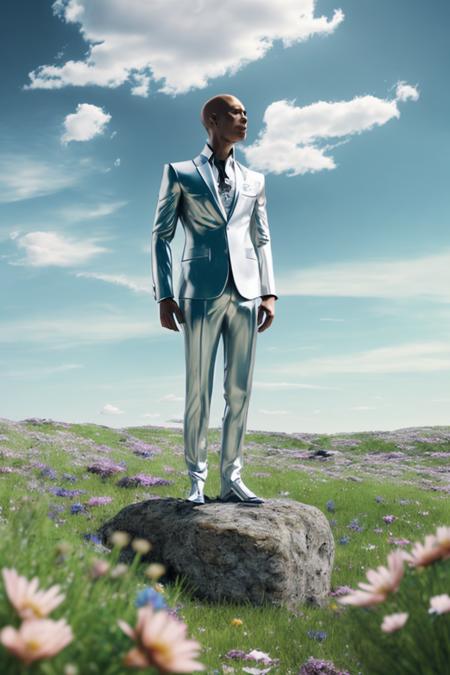 a person in a silver suit standing on a rock in a field of flowers and plants with a sky background and clouds in the background