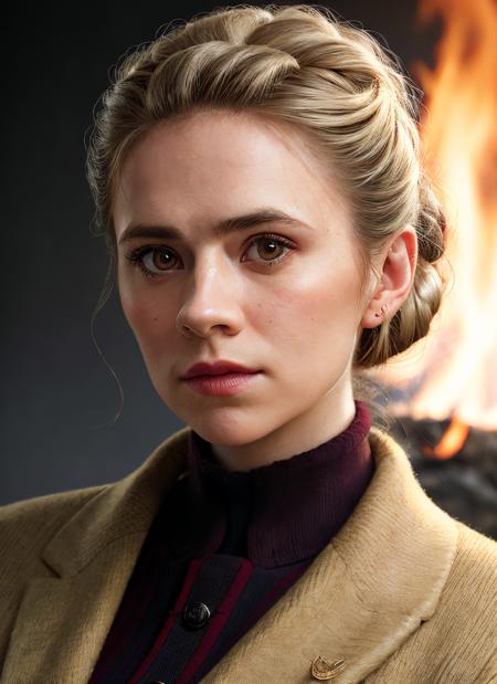 portrait of SKSWOMAN, frustrated , wearing cashmere , with light blonde Updo , background fire epic (photo, studio lighting, hard light, sony a7, 50 mm, matte skin, pores, colors, hyperdetailed, hyperrealistic), <lyco:Hayley Atwell:1.2>