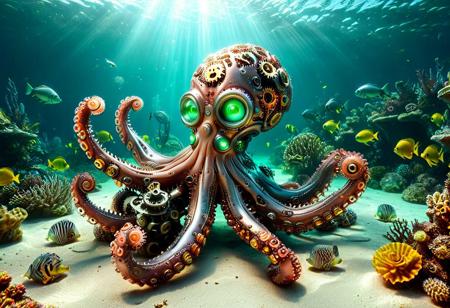 masterpiece, absurdres, high quality, 8k resolution, g3ars,
POV portrait of an tiny octopus with shiny skin made of gears interlocking and chromatic metal, with a pair of oversized, animated, green-aqua eyes, lit with  translucent digital lights, sitting on the viewers hand.
The surrounding school of fish are made of colorful, iridescent metals, in a typical bright coral reef underwater environment.
Sand glitters, reflecting underwater light; sunbeams cast downward; ambient global diffusion; cinematic shot.