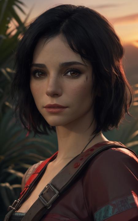 closeup [render: illustration: 0.8] of mthgrd wearing a red outfit, mayan, jungle at sunset, short [black] hair, realistic, <lyco:MtHgrd_v2_locon_64_64: 1.0>