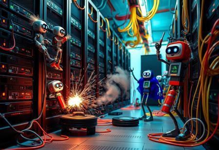 Create a whimsical and humorous scene of a data center in delightful chaos. Tiny, adorable robots, resembling toys with googly eyes, climb server racks carrying oversized tools and roll on wheels with parts and tangled cables trailing behind them like tails. One robot hilariously rides a Roomba while balancing a stack of hard drives. Sparks fly comically from overheated servers, causing a robot to dance around trying to extinguish the smoke with a tiny fire extinguisher. Other robots juggle cables and mistakenly plug them into wrong ports, creating a spaghetti-like mess. Amidst this bedlam, larger, more serious-looking robots with capes and comical mustaches oversee the smaller bots, waving their arms wildly to coordinate their whimsical efforts under the soft and colorful glow of blinking server lights and vibrant cables.